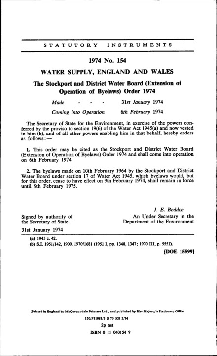 The Stockport and District Water Board (Extension of Operation of Byelaws) Order 1974