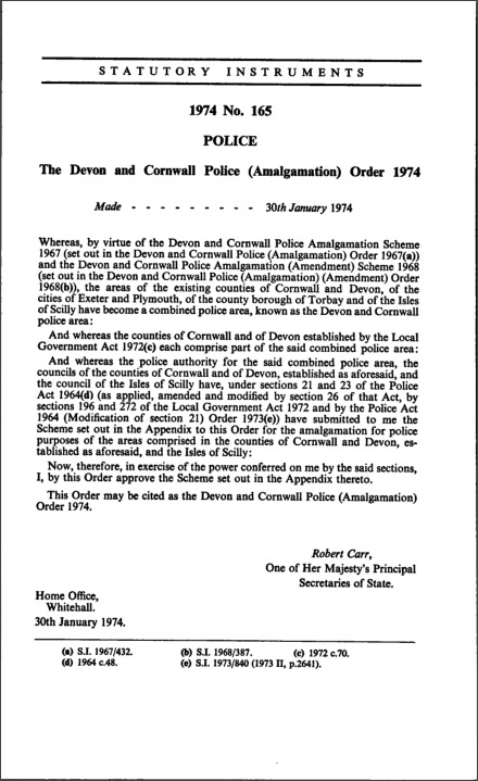 The Devon and Cornwall Police (Amalgamation) Order 1974