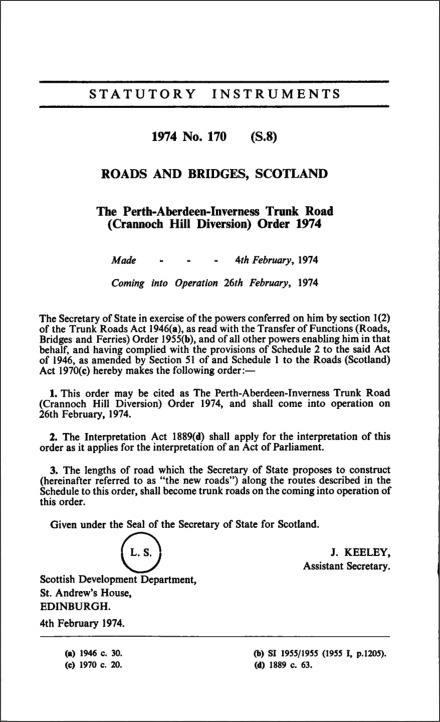 The Perth-Aberdeen-Inverness Trunk Road (Crannoch Hill Diversion) Order 1974