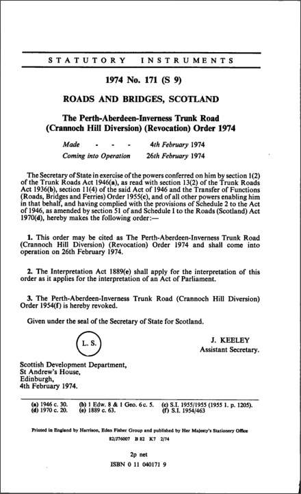 The Perth-Aberdeen-Inverness Trunk Road (Crannoch Hill Diversion) (Revocation) Order 1974