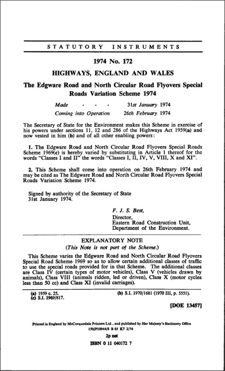 The Edgware Road and North Circular Road Flyovers Special Roads Variation Scheme 1974