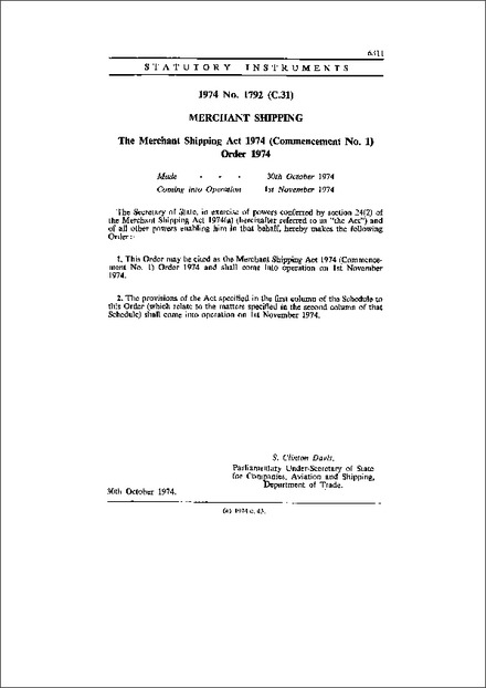 The Merchant Shipping Act 1974 (Commencement No. 1) Order 1974