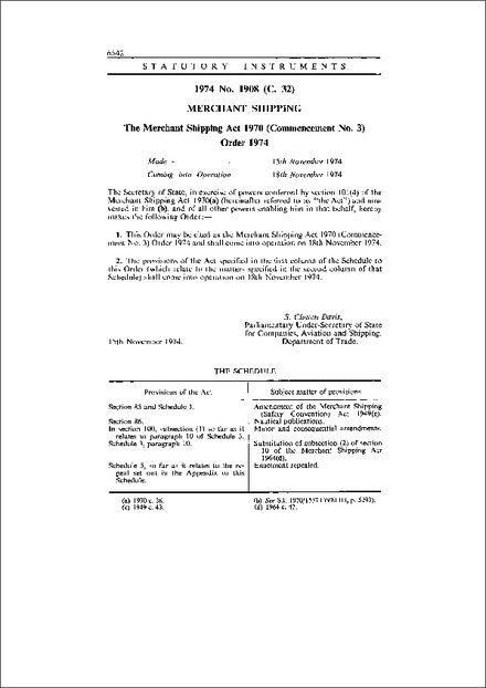 The Merchant Shipping Act 1970 (Commencement No. 3) Order 1974