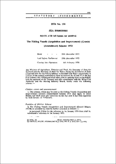 The Fishing Vessels (Acquisition and Improvement) (Grants) (Amendment) Scheme 1973