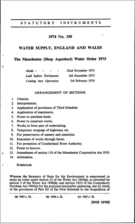 The Manchester (Shap Aqueduct) Water Order 1973