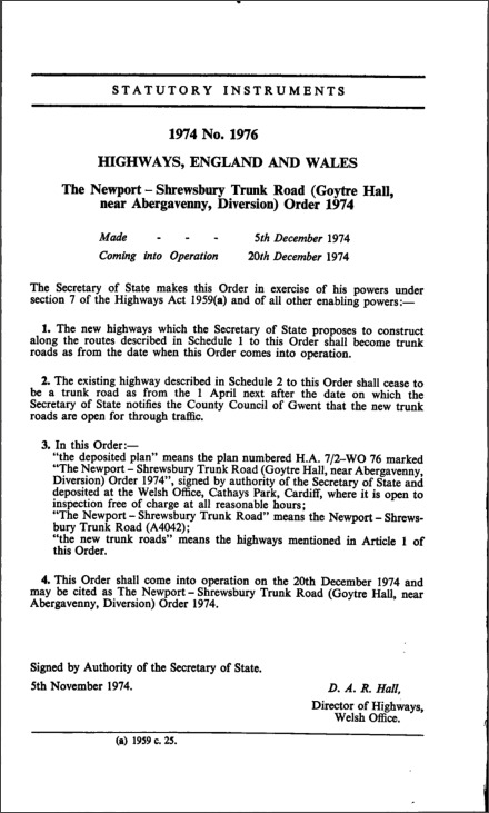 The Newport—Shrewsbury Trunk Road (Goytre Hall, near Abergavenny, Diversion) Order 1974