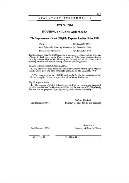 The Improvement Grant (Eligible Expense Limits) Order 1974