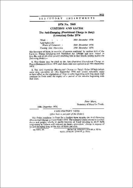 The Anti-Dumping (Provisional Charge to Duty) (Extension) Order 1974