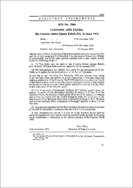 The Customs Duties (Quota Relief) (No. 4) Order 1974