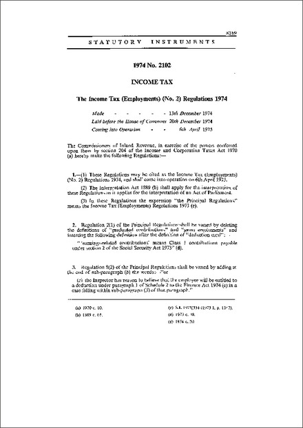 The Income Tax (Employments) (No. 2) Regulations 1974