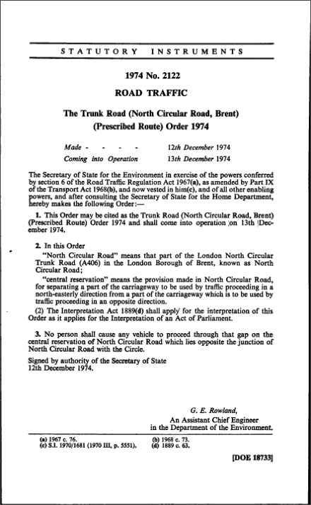 The Trunk Road (North Circular Road, Brent) (Prescribed Route) Order 1974