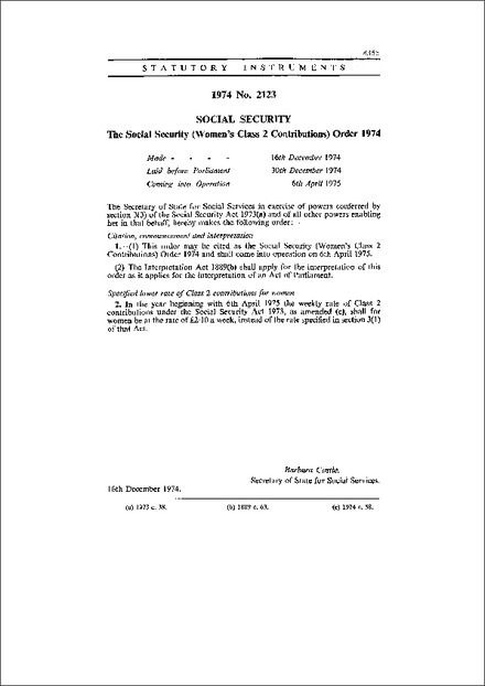 The Social Security (Women's Class 2 Contributions) Order 1974