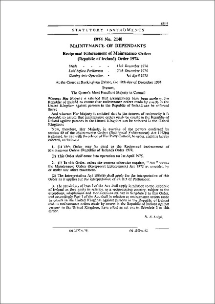 Reciprocal Enforcement of Maintenance Orders (Republic of Ireland) Order 1974