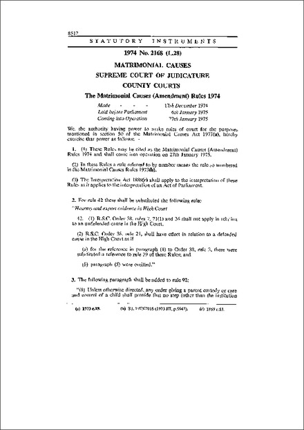 The Matrimonial Causes (Amendment) Rules 1974