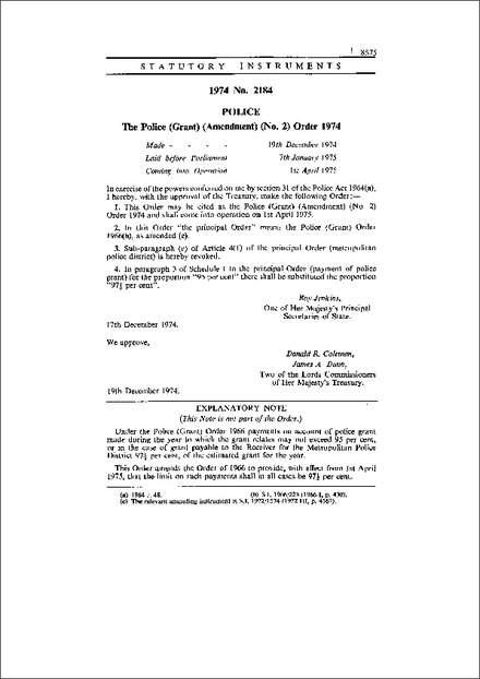 The Police (Grant) (Amendment) (No. 2) Order 1974