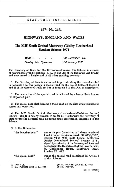 The M25 South Orbital Motorway (Wisley—Leatherhead Section) Scheme 1974