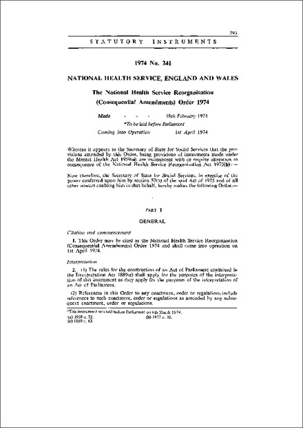 The National Health Service Reorganisation (Consequential Amendments) Order 1974