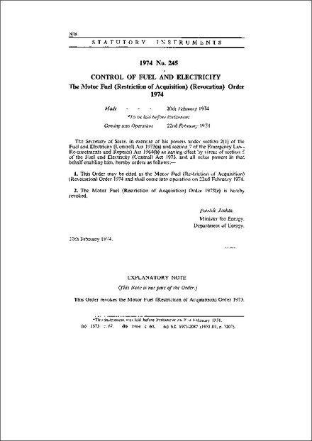 The Motor Fuel (Restriction of Acquisition) (Revocation) Order 1974
