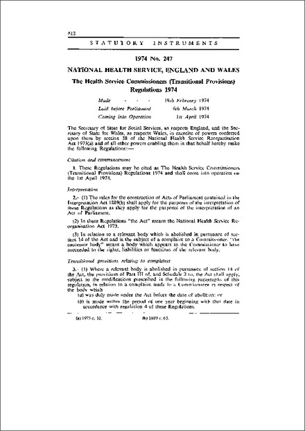 The Health Service Commissioners (Transitional Provisions) Regulations 1974