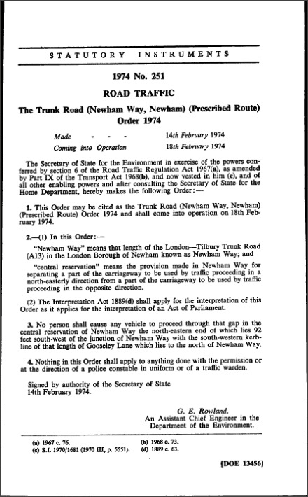The Trunk Road (Newham Way, Newham) (Prescribed Route) Order 1974