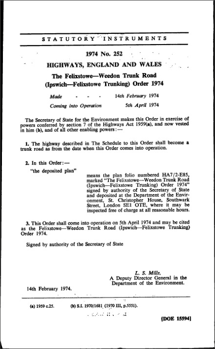 The Felixstowe—Weedon Trunk Road (Ipswich—Felixstowe Trunking) Order 1974