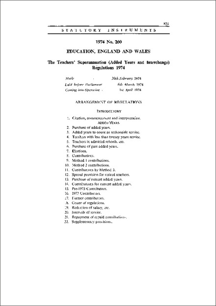 The Teachers' Superannuation (Added Years and Interchange) Regulations 1974
