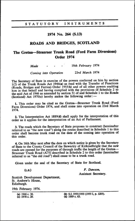 The Gretna—Stranraer Trunk Road (Ford Farm Diversions) Order 1974