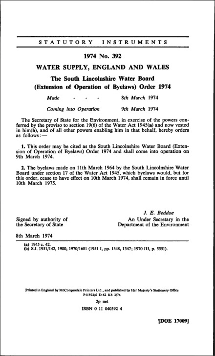 The South Lincolnshire Water Board (Extension of Operation of Byelaws) Order 1974