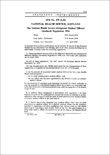 The National Health Service (Designated Medical Officers) (Scotland) Regulations 1974