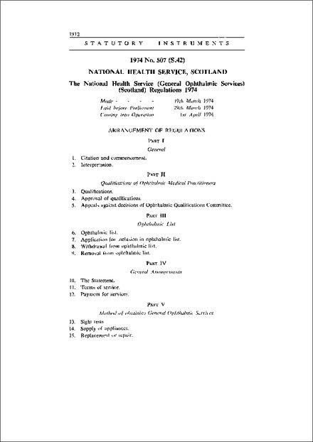 The National Health Service (General Ophthalmic Services) (Scotland) Regulations 1974