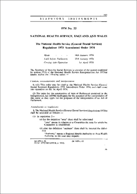 The National Health Service (General Dental Services) Regulations 1973 Amendment Order 1974