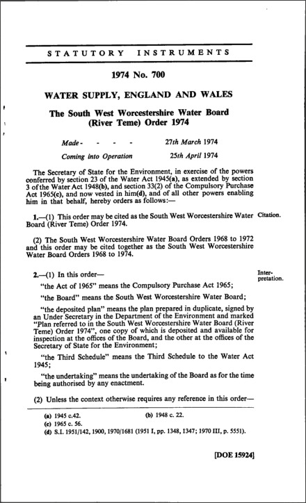 The South West Worcestershire Water Board (River Teme) Order 1974