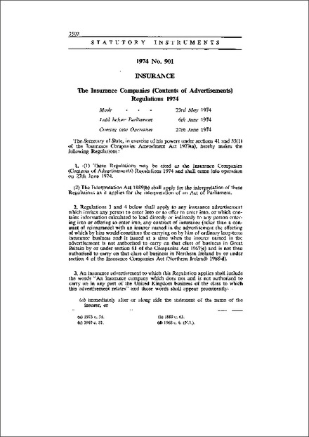 The Insurance Companies (Contents of Advertisements) Regulations 1974