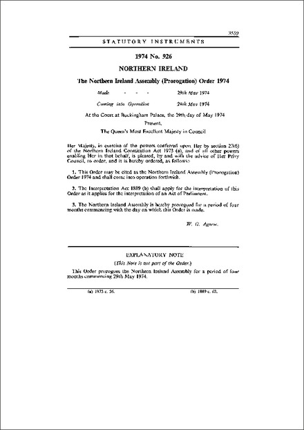 The Northern Ireland Assembly (Prorogation) Order 1974