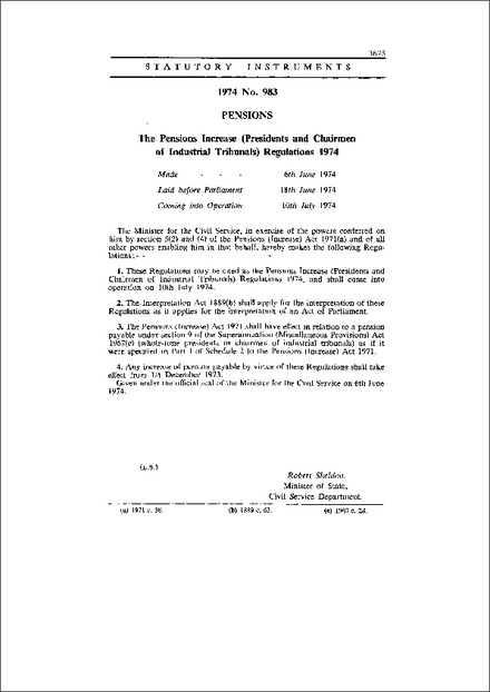 The Pensions Increase (Presidents and Chairmen of Industrial Tribunals) Regulations 1974