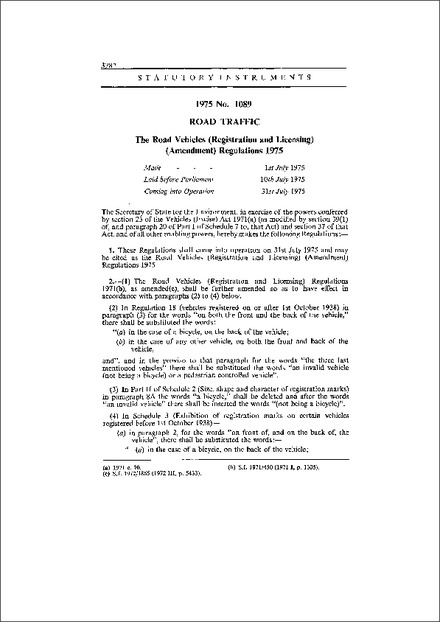 The Road Vehicles (Registration and Licensing) (Amendment) Regulations 1975
