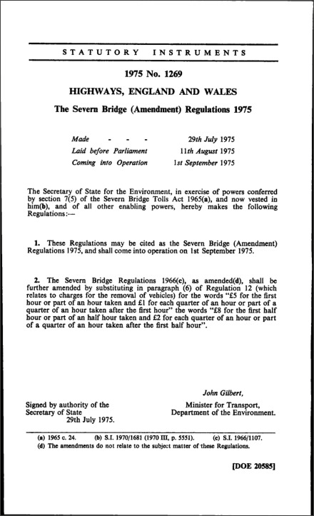 The Severn Bridge (Amendment) Regulations 1975