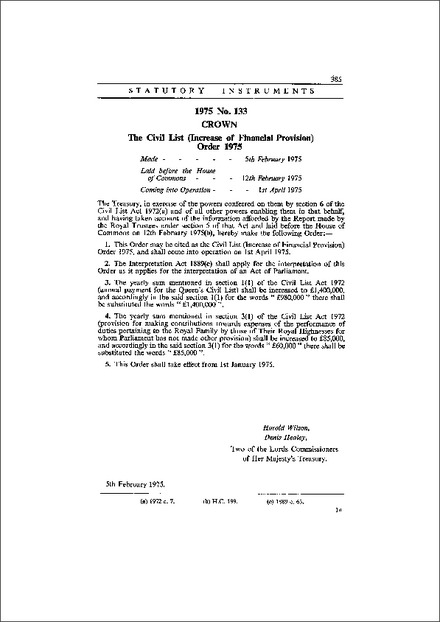 The Civil List (Increase of Financial Provision) Order 1975
