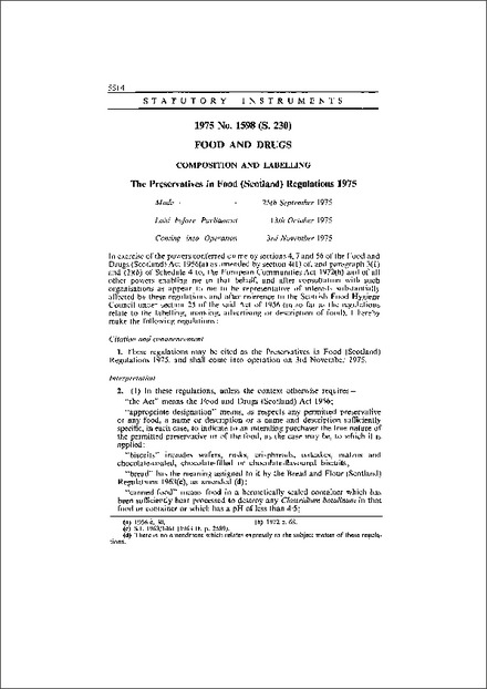 The Preservatives in Food (Scotland) Regulations 1975