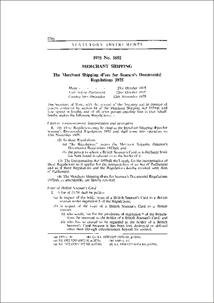 The Merchant Shipping (Fees for Seamen's Documents) Regulations 1975