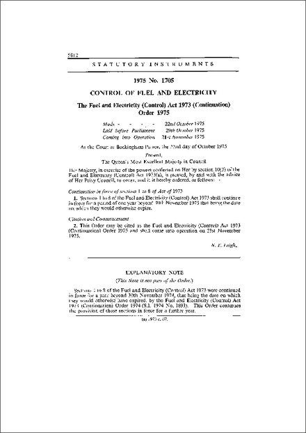 The Fuel and Electricity (Control) Act 1973 (Continuation) Order 1975