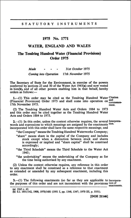 The Tendring Hundred Water (Financial Provisions) Order 1975
