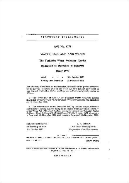 The Yorkshire Water Authority (Leeds) (Extension of Operation of Byelaws) Order 1975