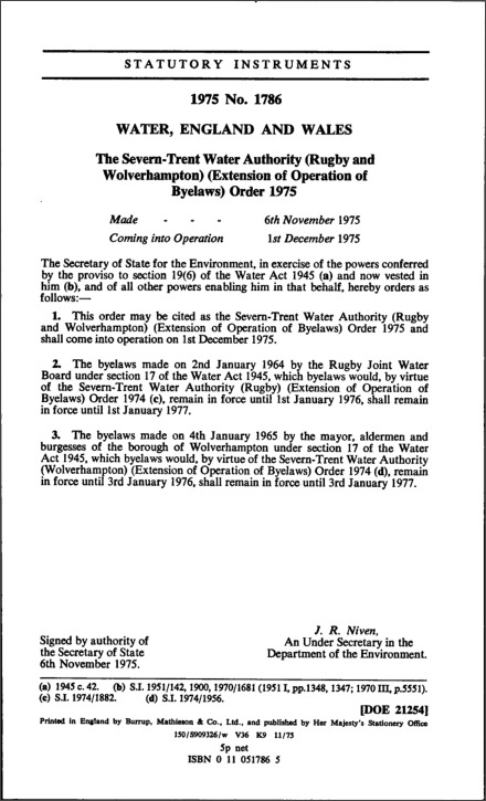 The Severn-Trent Water Authority (Rugby and Wolverhampton) (Extension of Operation of Byelaws) Order 1975