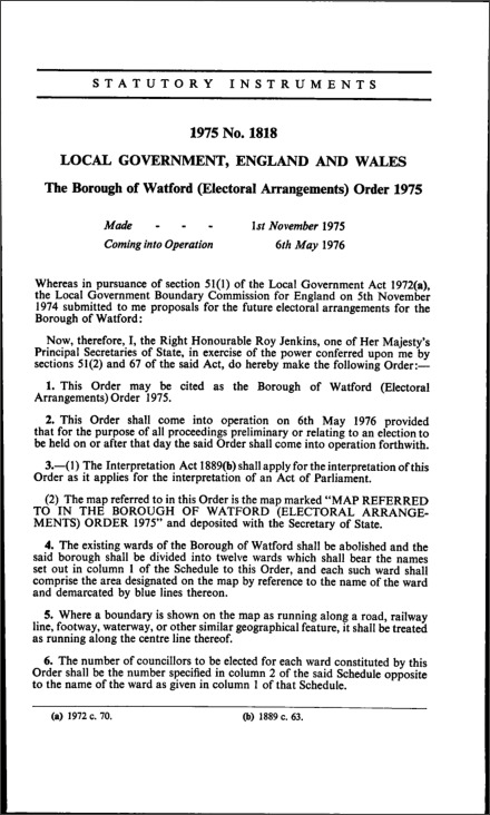 The Borough of Watford (Electoral Arrangements) Order 1975