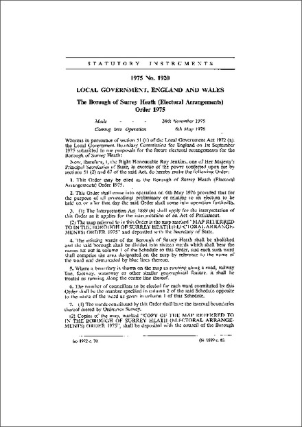 The Borough of Surrey Heath (Electoral Arrangements) Order 1975