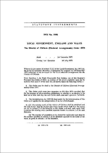 The District of Chiltern (Electoral Arrangements) Order 1975