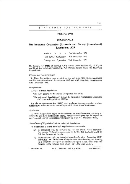 The Insurance Companies (Accounts and Forms) (Amendment) Regulations 1975