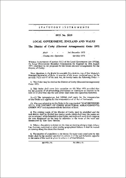 The District of Corby (Electoral Arrangements) Order 1975