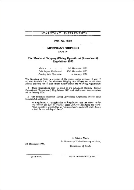 The Merchant Shipping (Diving Operations) (Amendment) Regulations 1975